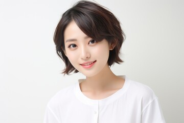 Fototapeta premium a jubilant and charming Asian lady dons a white tee t-shirt, exuding happiness while flaunting her smile against a plain white backdrop. Generative AI.