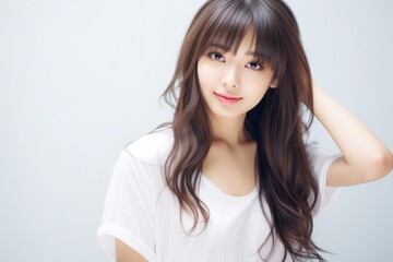 Fototapeta premium a jubilant and charming Asian lady dons a white tee t-shirt, exuding happiness while flaunting her smile against a plain white backdrop. Generative AI.