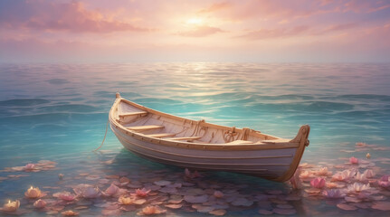 Tranquil Evening Sea with a dreamlike Boat. AI generated