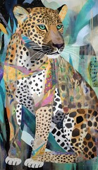 Naklejka premium Leopard Cheetah, highly textured, mixed media collage painting, fringe absurdism, Award winning halftone pattern illustration 