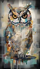 Owl, highly textured, mixed media collage painting, fringe absurdism, Award winning halftone pattern illustration	
