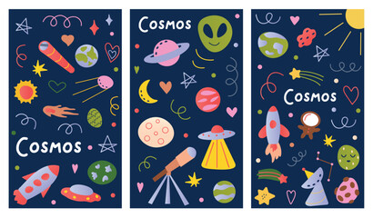 Fototapeta na wymiar Set of posters with cosmos elements. An illustration featuring three posters, each brimming with cosmos design elements and whimsical cartoon designs. Vector illustration.