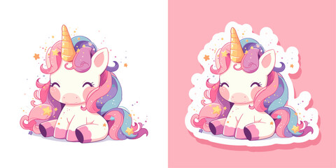 Cute magical fairy unicorn rainbow pastel colors. Vector design sticker isolated on white background. Print for t-shirt or sticker. Romantic hand drawing illustration for children adorable pony