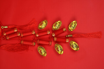 Chinese New Year ornament with Cash, red lanterns  and Gold ingot Chinese text language means blessing Wealth and good luck 