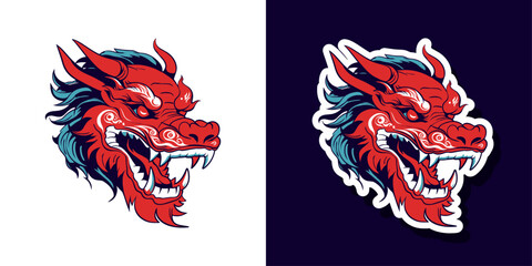 Trendy cartoon flat style dragon character sticker logo stylized vector illustration symbol year of dragon 2024 red color asian style