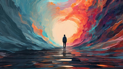 Black lonely silhouette of the man standing among colorful painting swirls. AI generated - obrazy, fototapety, plakaty