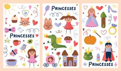 Fototapeta na wymiar Set of girl's posters. A delightful illustration showcase three posters filled with cute design elements of princess, beautifully integrating cartoon design. Vector illustration.