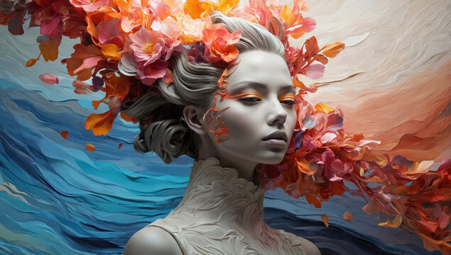 Face of the woman with painted colorful background with flowers. AI generated