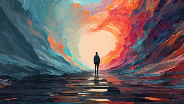 Black lonely silhouette of the man standing among colorful painting swirls. AI generated