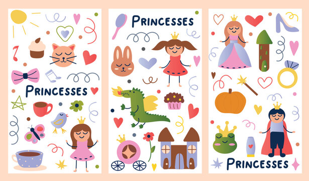 Set of girl's posters. A delightful illustration showcase three posters filled with cute design elements of princess, beautifully integrating cartoon design. Vector illustration.