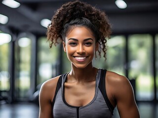 Smiling young black woman fitness model in sportswear doing exercise