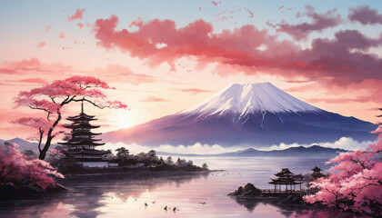 Watercolor traditional Japanese art with mountain Fuji, sakura trees and temples. AI generated - obrazy, fototapety, plakaty