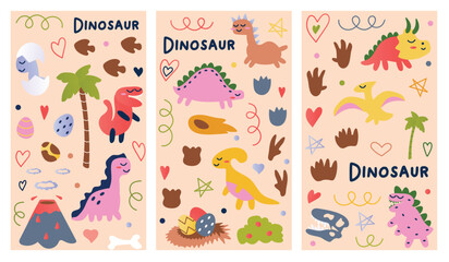 Set of posters with dinosaurs. This charming illustration presents three posters filled with ancient animals, combining intricate design with whimsical cartoon elements. Vector illustration.