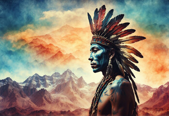 Watercolor picture Native American silhouette. AI generated