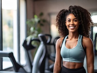 Smiling young black woman fitness model in sportswear doing exercise