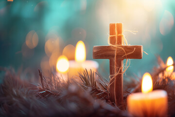 candles and miniature cross - obrazy, fototapety, plakaty