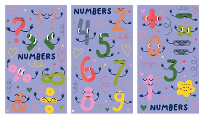 Fototapeta na wymiar Set of posters with numbers. Three posters feature funny colorful numbers, combining intricate illustration with whimsical cartoon design. Vector illustration.