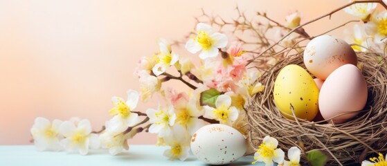 Naklejka na ściany i meble Easter pastel composition of colorful eggs in nest with spring flowers for festive holiday on yellow background. Greeting card with copy space. Close up.
