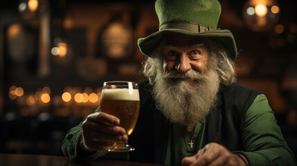 Elderly man with beard and green hat celebrating Saint Patrick's Day tradition in bar setting, holding glass of green beer. Festive atmosphere holiday, with joyful senior