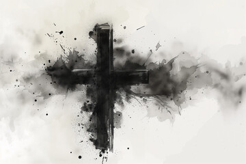 cross in watercolor style with grey background - obrazy, fototapety, plakaty