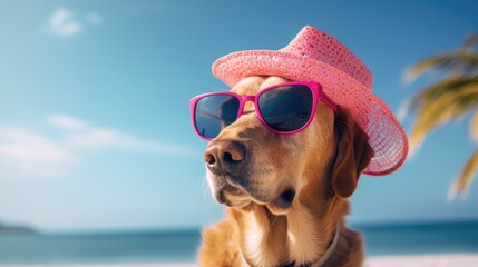 Dog wearing a hat and sunglasses on the beach