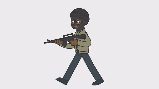 2d animation of walking black male criminal in mask holding a machine gun. Looped 4K video with alpha-channel.