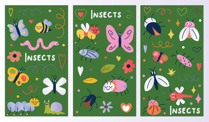Set of posters with insects. Three posters adorned with butterflies and other delightful elements, beautifully merging illustration and cartoon design. Vector illustration.