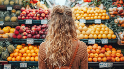 Young woman looking at fruit stalls at the market, view from the back, tourist photo. Shopping,...
