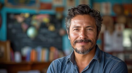 Confident Educator Smiles in Classroom with Books and Globe