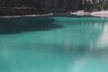 Lago di Braies, Braies lake, Pragser wildsee in Trentino Alto Adige, Dolomites mountains, South Tyrol, Italy.  Fanes-Sennes-Braies national park. 