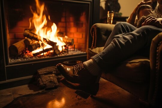 Feet in woolen socks against the background of a fireplace. A man warms his feet near a burning fireplace. Concept: home comfort, evening near the stove.