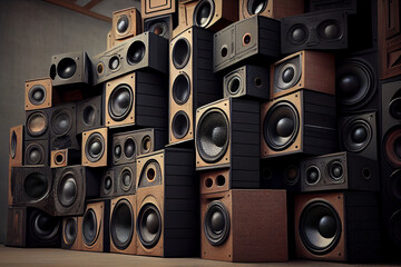 Pile of vintage audio speaker systems. Music retro background, abstract illustration. - obrazy, fototapety, plakaty