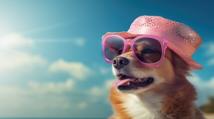 Dog wearing a hat and sunglasses on the beach