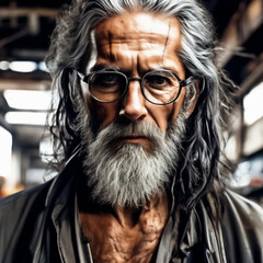 gray bearded homeless man