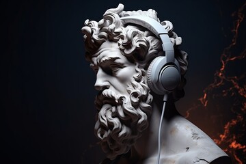 Ancient marble god statue listening to music with headphones