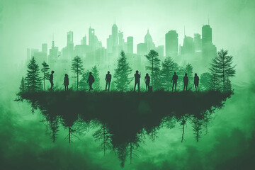 Green people with the earth and wind turbine in the background, environmental concept. Earth Day. illustration for presentation, website and blog