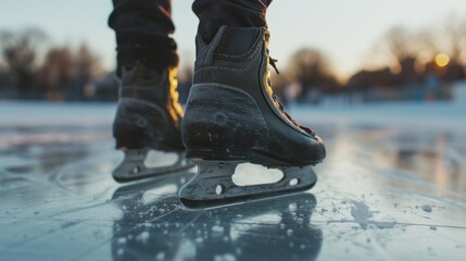 Close up from the ground of a man ice skating