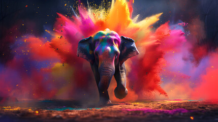 Majestic and powerful elephant is running through a colorful powder explosion - Format 16:9