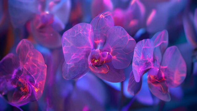A close-up of translucent orchids illuminated by blue and purple light. The petals are subtly transparent, with the central petals emitting a vivid red hue.
