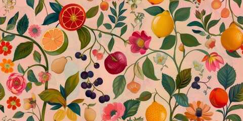  Vibrant hand-painted floral and fruit seamless pattern with colorful blooms and ripe oranges, plums, and peaches on a bright background. Botanical wallpaper.