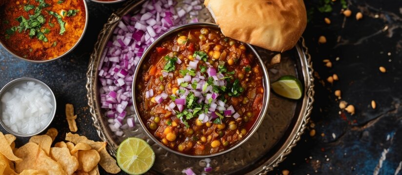 Misal pav is a famous Maharashtrian street food made with usal, sprouts curry, and garnished with onions, tomatoes, farsan, and chutney.