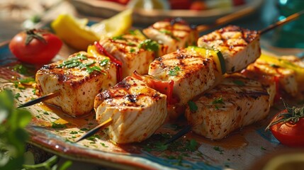 grilled swordfish skewers, showcasing perfectly grilled fish with a zesty marinade, arranged on a whimsical beachside barbeque scene - obrazy, fototapety, plakaty