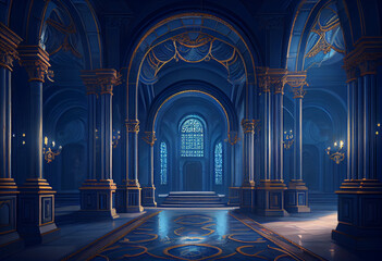 Photorealistic interior of a castle or palace decorated with blue ornamental stone and gold. AI generative. - obrazy, fototapety, plakaty