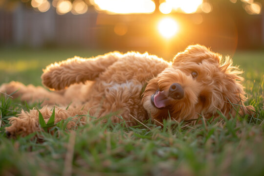 A goldendoodle puppy laying in the grass with the sun setting behind it.
