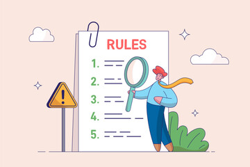 Company policy concept. Rules and regulations, corporate law and business ethics. Business person reading checklist of rules and regulation standards. Vector illustration in flat design.