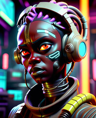 Portrait of a young African American cybermic girl in councilpunk style, bright colors.