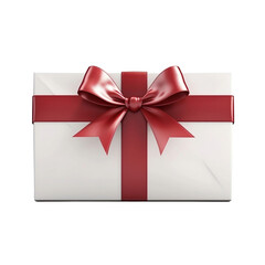 Large rectangular white gift box with a red ribbon bow isolated on transparent background