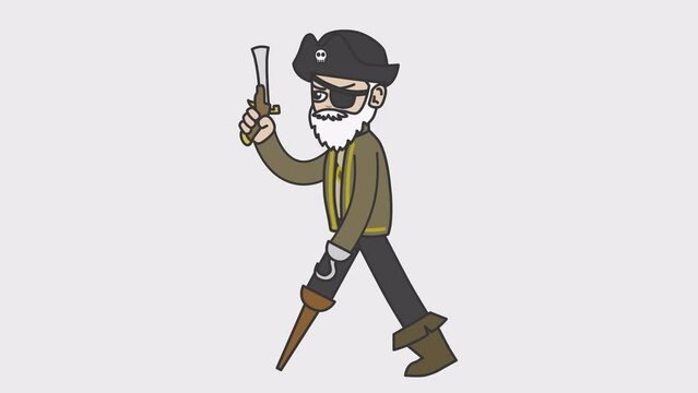 2d animation of walking white male pirate holding a gun. Looped 4K video with alpha-channel.