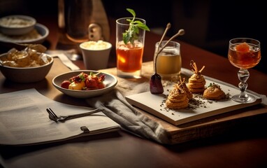 Wooden Table Set With Plates of Food and Drinks