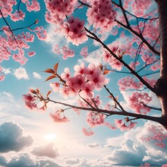 pink cherry blossom, beautiful cherry tree, with a beautiful sky in the background with clouds